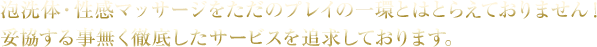 泡洗体・性感マッサージをただのプレイの一環とはとらえておりません！妥協する事無く徹底したサービスを追求しております。